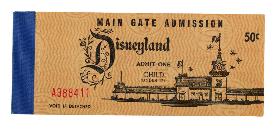 A 1956 Complete Child Ticket Book.: (Disneyland, 1956) A complete “A Day At Disneyland” Child ticket book from 1956. The book includes the front Main Gate admission ticket, 3 “A” tickets, 2 “B” tickets, and 3 “