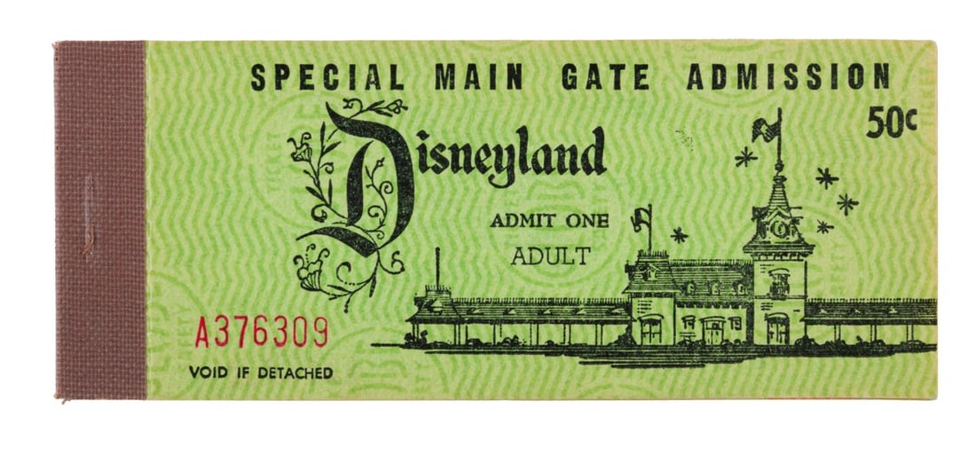 A 1956 Complete Adult Ticket Book.: (Disneyland, 1956) A complete "A Day at Disneyland" Adult ticket book from 1956. The book includes the front Main Gate admission ticket, 3 "A" tickets, 2 "B" tickets, and 3 "C" tickets. Measuring 2" x