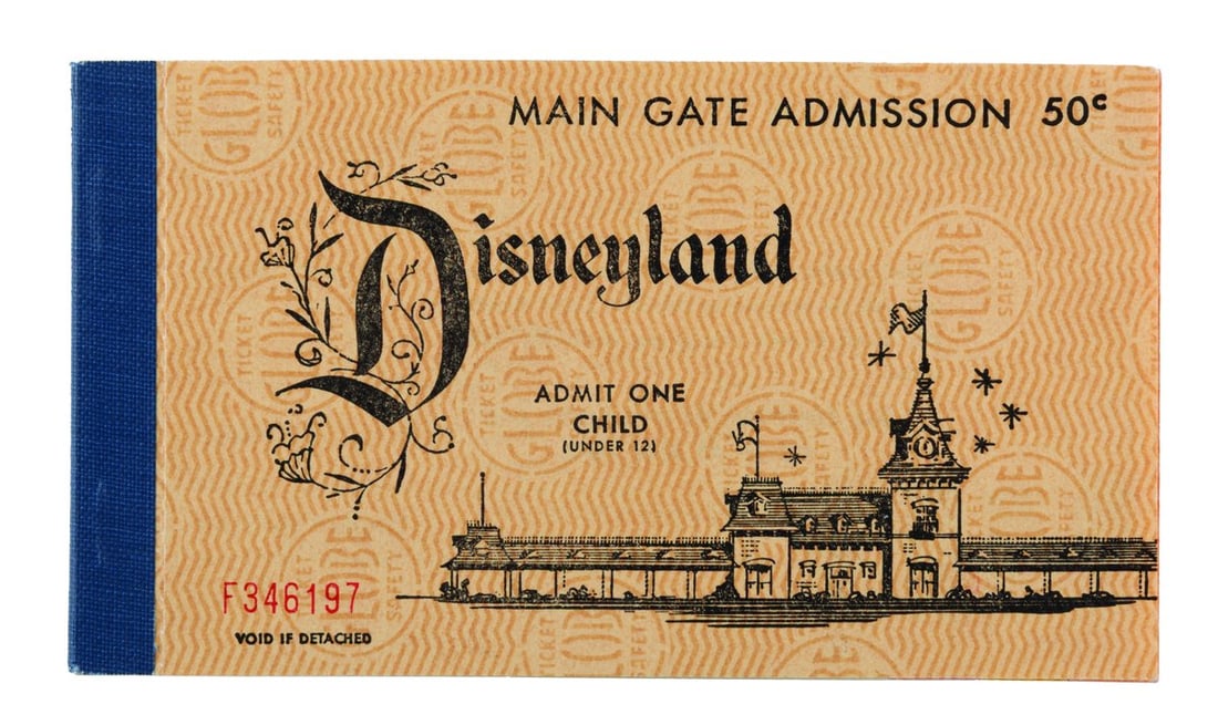 A Complete 1958 Disneyland Jumbo Ticket Book.: (Disneyland, 1958) A rare complete Child jumbo ticket book for Disneyland from 1958. Between 1957 and 1958, the Park experimented with a slightly larger ticket format. This book features tickets for e
