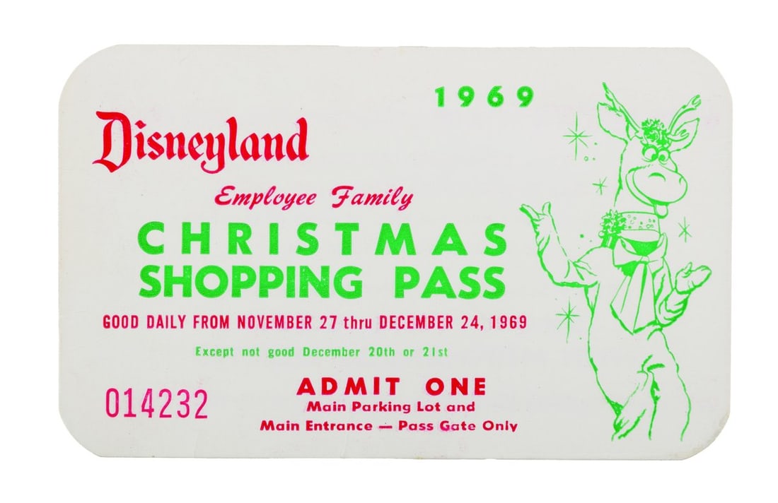 A 1969 Disneyland Employee Family Christmas Shopping Pass.: (Disneyland, 1969) A Disneyland Employee Christmas Shopping Pass. These admission cards granted relatives of Cast Members entry to the Park with discounts from some merchants at Disneyland and the Dis