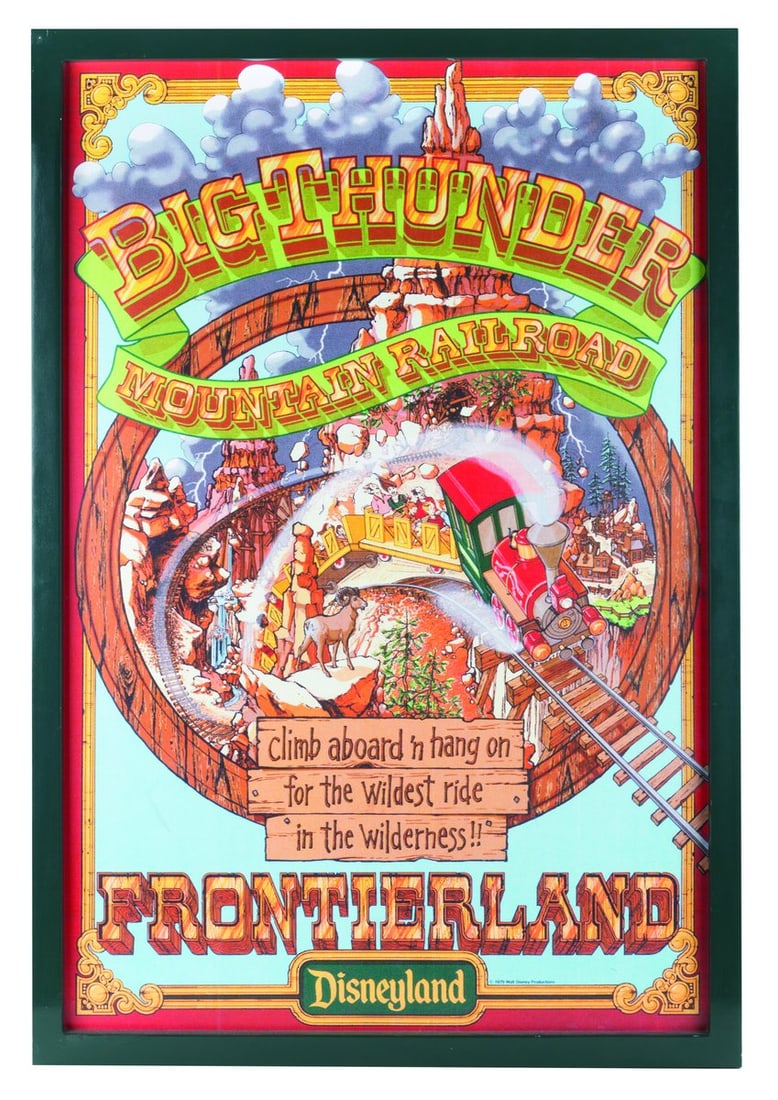 A "The Goldbergs" Big Thunder Mountain Railroad Poster Prop.: (ABC, 2019) A prop Big Thunder Mountain Railroad attraction poster from the season 7 premiere of the sitcom "The Goldbergs.” This episode spoofs "National Lampoon’s Vacation," and this framed