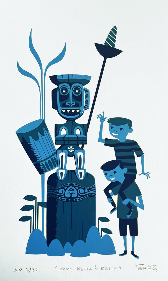 A SHAG Enchanted Tiki Room “Koro, Kevin, and Keith?? Artist’s Proof.: (Disneyland, 2013) A signed “Koro, Kevin, and Keith” print by SHAG released for the 50th anniversary of Walt Disney’s Enchanted Tiki Room. SHAG signed the bottom right of the artist’s proo