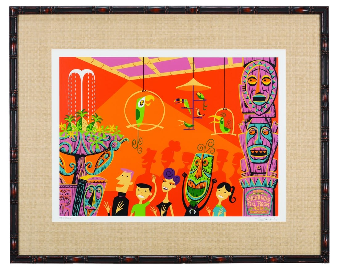 A Enchanted Tiki Room SHAG Print.: (Disneyland, 2003) A high-quality silkscreen serigraph print created and signed by SHAG for the 40th anniversary of Walt Disney's Enchanted Tiki Room. Titled "One Enchanted Evening," SHAG's mid-centur