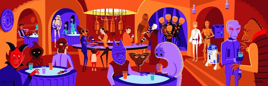 A SHAG Star Wars Cantina Print.: (SHAG, 2015) A large giclee print by SHAG of the Mos Eisley Cantina from "Star Wars." Titled "A Wretched Hive" after Obi-Wan Kenobi's famous quote, the art depicts the colorful cast of characters who