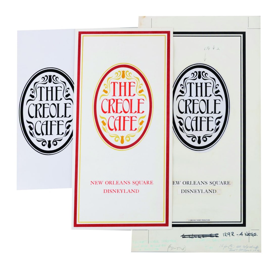 The Creole Cafe Menu and Cover Development Art.: (Disneyland, 1966) An opening year dining menu and original development artwork for The Creole Cafe in New Orleans Square. Included are a photo-printed logo, a mock-up of the cover artwork, and a fina