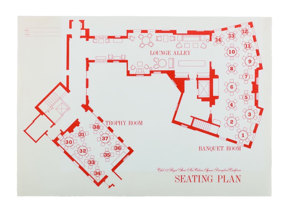 A Club 33 Seating Plan.: (Disneyland, 1967) A seating plan for the exclusive New Orleans Square restaurant, Club 33. This map from the early days of the VIPs-only establishment includes the trophy room, lounge alley, and banq