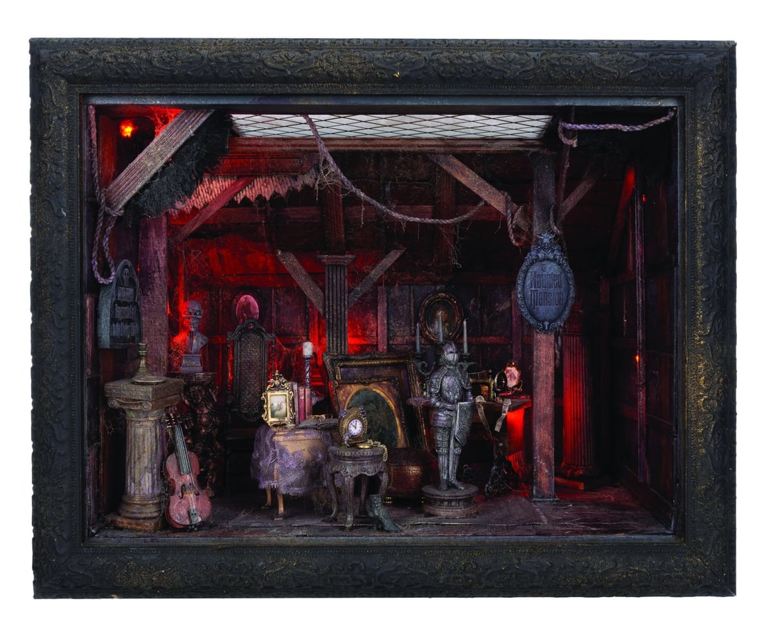 A Bridget McCarty Haunted Mansion Attic Miniature.: (McCarty, 2021) A hand-crafted miniature model of the Haunted Mansion's iconic attic scene by artist Bridget McCarty. This painstakingly detailed miniature scene features numerous details throughout t