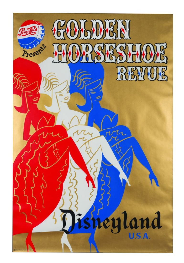 A Golden Horseshoe Revue Attraction Poster.: (Disneyland, 1961) A hand-silkscreened attraction poster for Disneyland’s Golden Horseshoe Revue. This is the second version of the popular Golden Horseshoe poster designed by Bjorn Aronson, which r