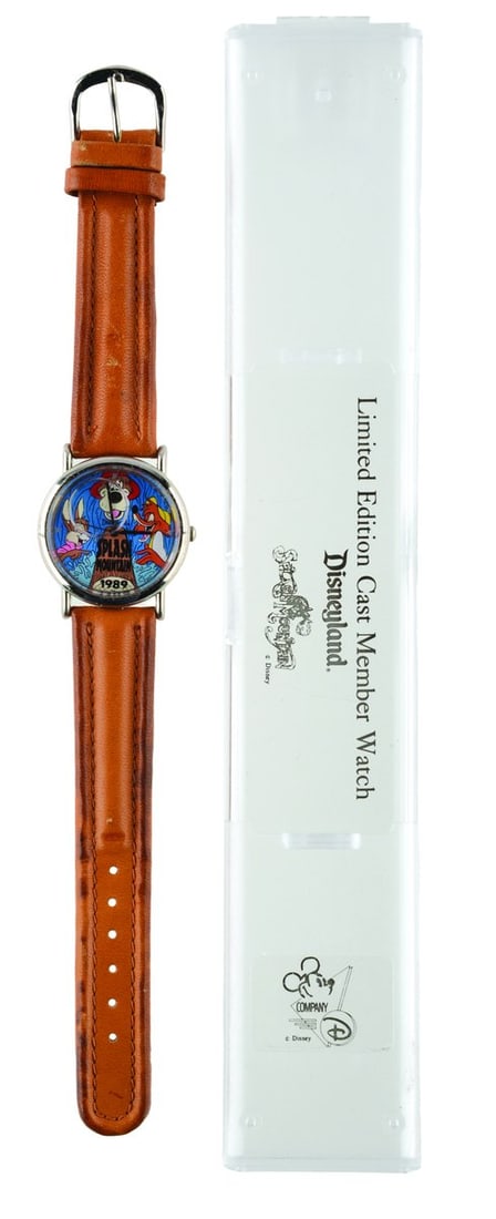 A Splash Mountain Cast Member Watch.: (Disneyland, 1989) A limited edition Cast Member-exclusive Splash Mountain wristwatch commemorating the attraction's 1989 opening. The watch features a liquid splash effect face, leather wrist