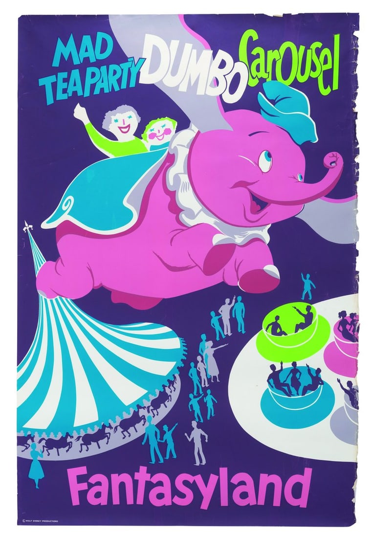 An Original Fantasyland Attraction Poster.: (Disneyland, 1956) An original hand-silkscreened poster for Fantasyland and its attractions, the Mad Tea Party, King Arthur Carrousel, and Dumbo the Flying Elephant. Designed by Bjorn Aronson, the
