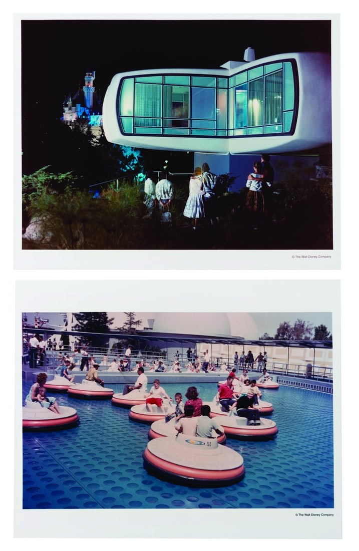 A Pair of Early Tomorrowland Photos.: (Disneyland, 1957-67) A pair of early Tomorrowland photographs featuring Monsanto's House of the Future and the Flying Saucers attraction. These prints were made at the Disney Studio in the 1980s or