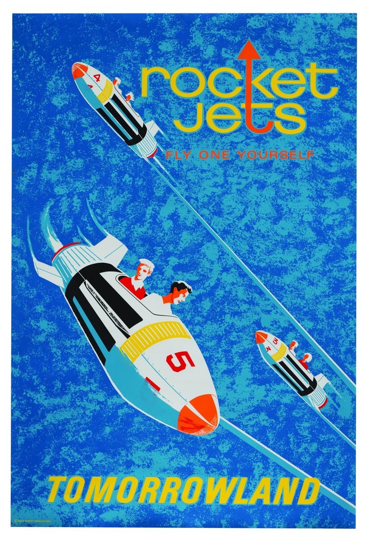 A Tomorrowland Rocket Jets Attraction Poster.: (Disneyland, 1967) An original hand-silkscreened attraction poster for the Rocket Jets in Tomorrowland. The poster was designed by Ken Chapman and borrows heavily from Bjorn Aronson's "Astrojets" post