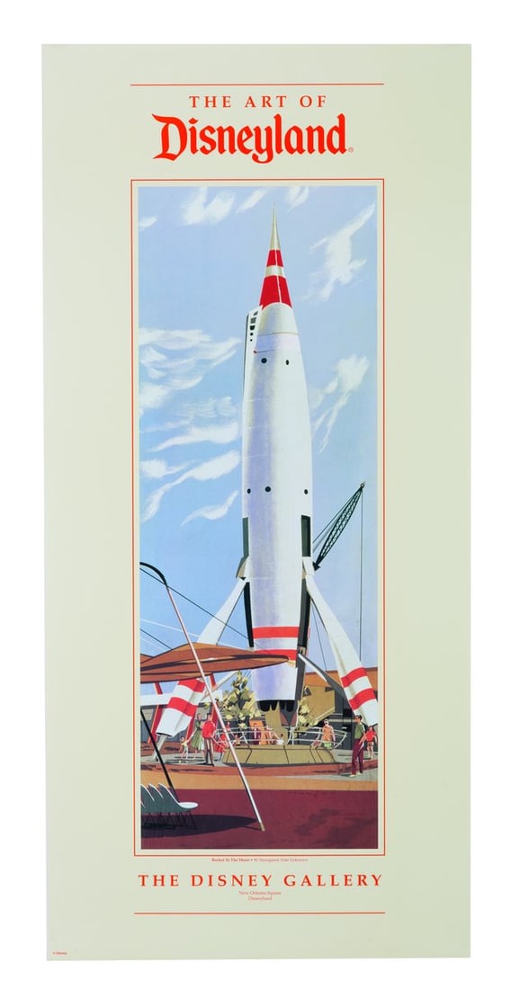 A Disney Gallery Rocket to the Moon Art Print.: (Disneyland, 1987-2007) A very rare The Art of Disneyland Rocket to the Moon print by W. Stensgaard, released through The Disney Gallery in New Orleans Square. Measuring 18” x 39”, the pri
