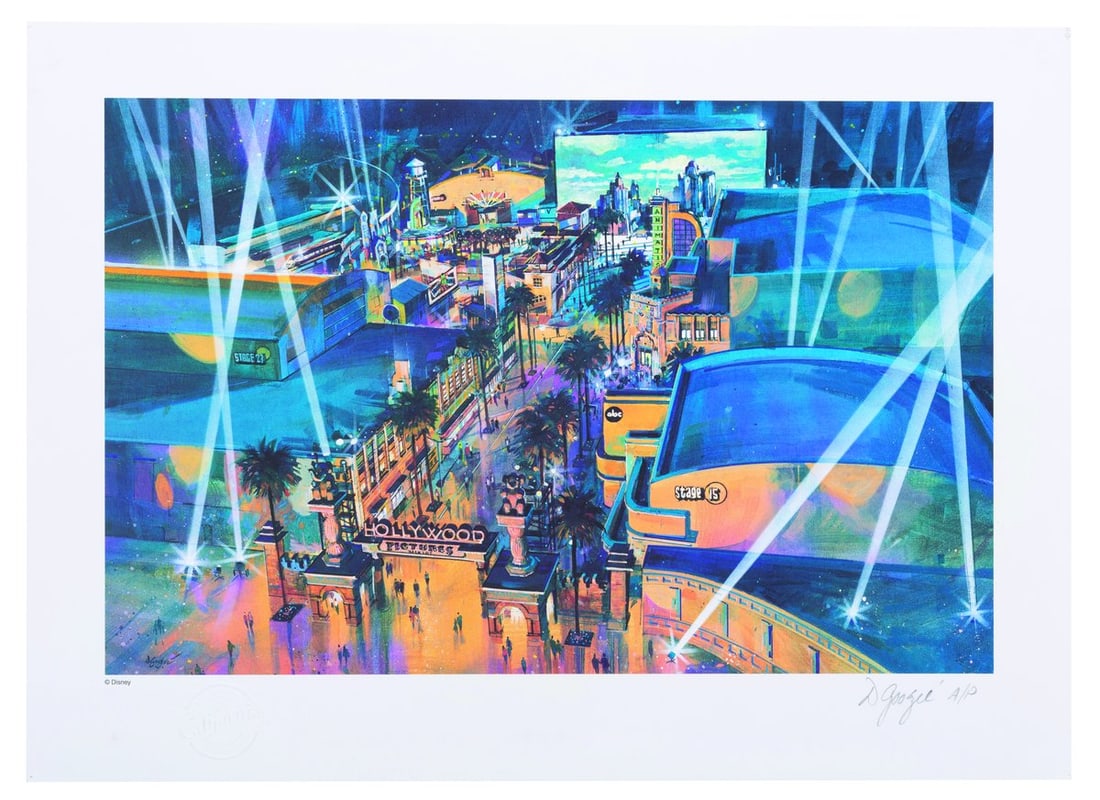 A Signed Artist's Proof Disney’s California Adventure Concept Print.: (Disney’s California Adventure, 2001) A signed artist's proof lithograph of Dan Goozee's Hollywood Pictures Backlot concept art created to commemorate the opening of Disney’s California Adventure.