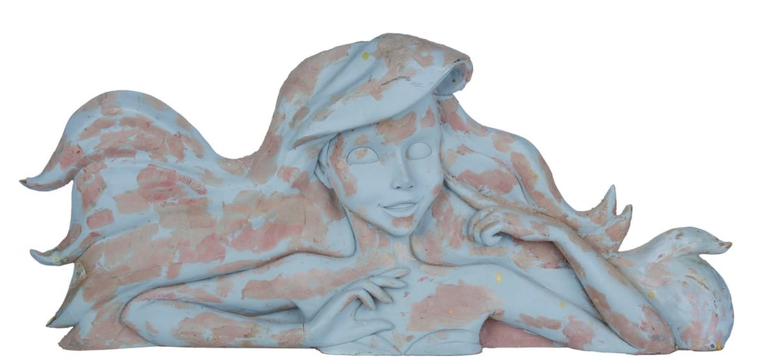 An Ariel "The Little Mermaid" Sign Prototype.: (Disney, 1990s-2000s) An Ariel from "The Little Mermaid" prototype casting for an unknown attraction sign or display. The fiberglass and plaster piece is unfinished, giving a peek into the process of