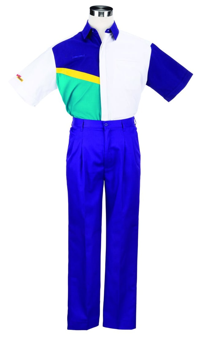 A Disney Transport Cast Member Uniform.: (Walt Disney World, 2000s) A uniform shirt and pants worn by Cast Members working for Disney Transport. The shirt is labeled a size M and the pants a size 12, both in very good condition with light we