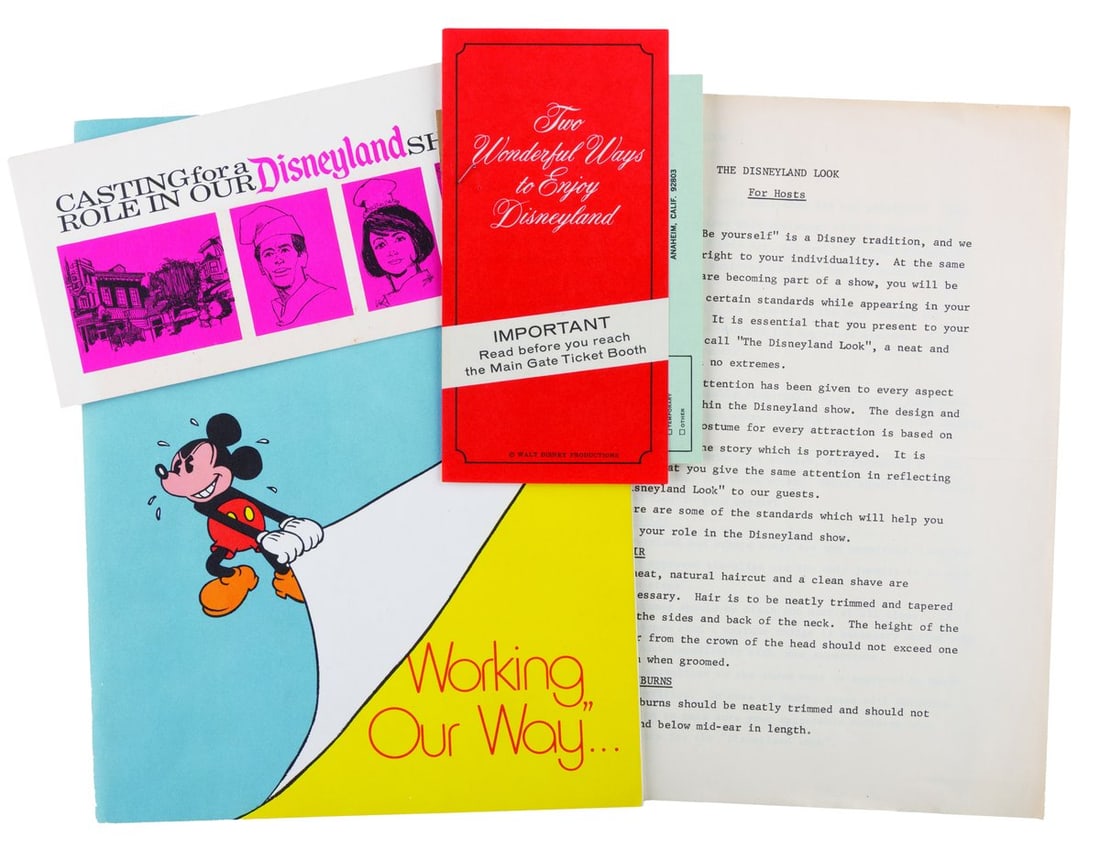 A Working Our Way Booklet & Cast Materials.: (Disneyland, 1974) A Working Our Way orientation booklet given to Cast Members outlining the policies, practices, and procedures for working at the Park. Also included are a job application form, park