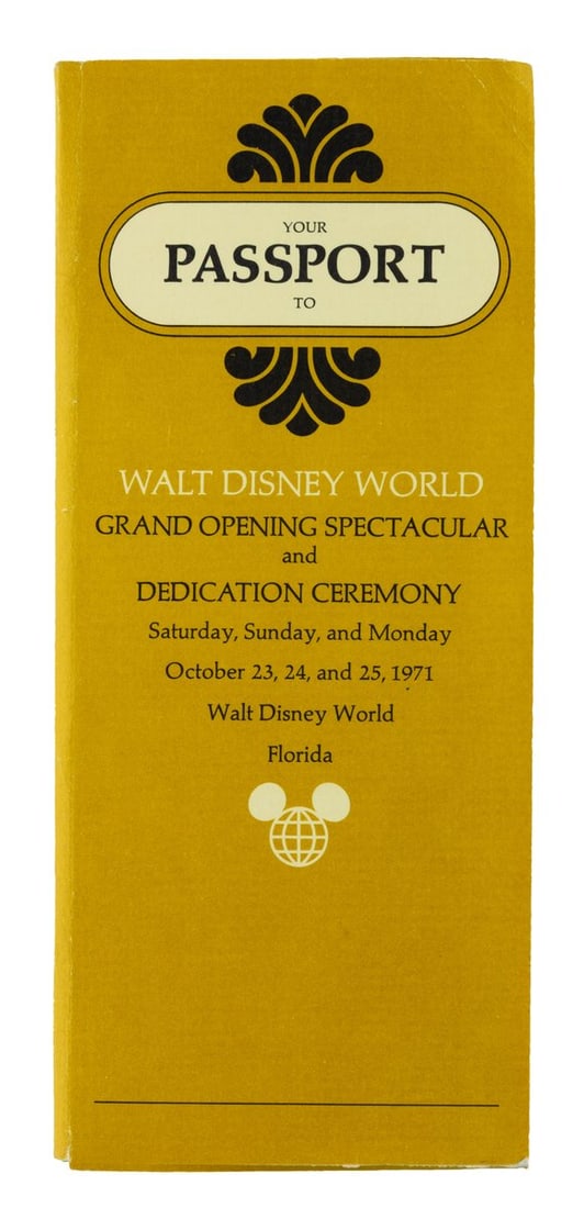 A Passport to the Walt Disney World Grand Opening.: (Walt Disney World, 1971) A passport for the Grand Opening events for Walt Disney World on October 23, 24, and 25 of 1971. The folder contains three pockets holding tickets for events. For the 23rd, t