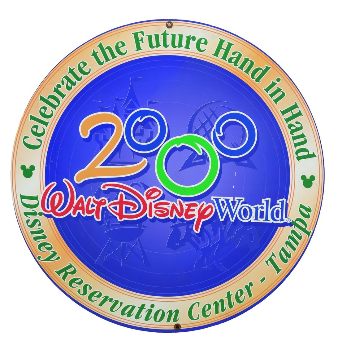 A Walt Disney World 2000 Reservation Sign.: (Walt Disney World, 2000) A large circular sign from the Disney Reservation Center in Tampa, Florida, where Guests could book a trip for the Resort's Millennium Celebration. Measuring 48" in diameter,