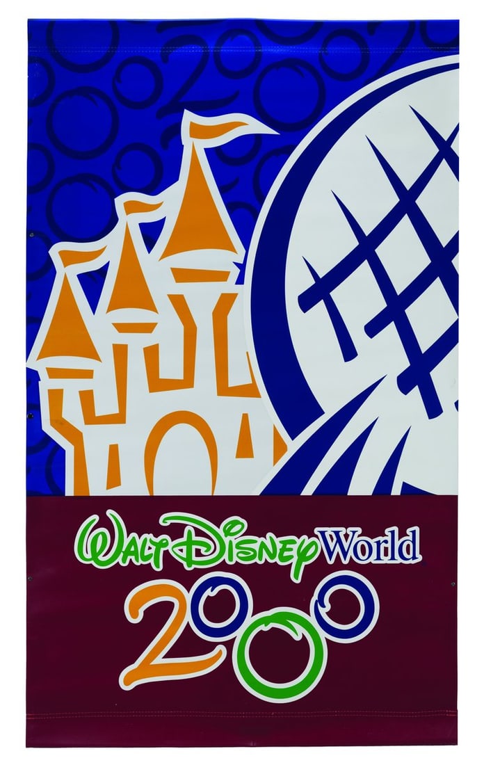 A Walt Disney World 2000 Millennium Celebration Banner.: (Walt Disney World, 2000) A double-sided banner from Walt Disney World’s Millennium Celebration with the Magic Kingdom and Epcot on one side and Disney-MGM Studios and Disney's Animal Kingdom on the
