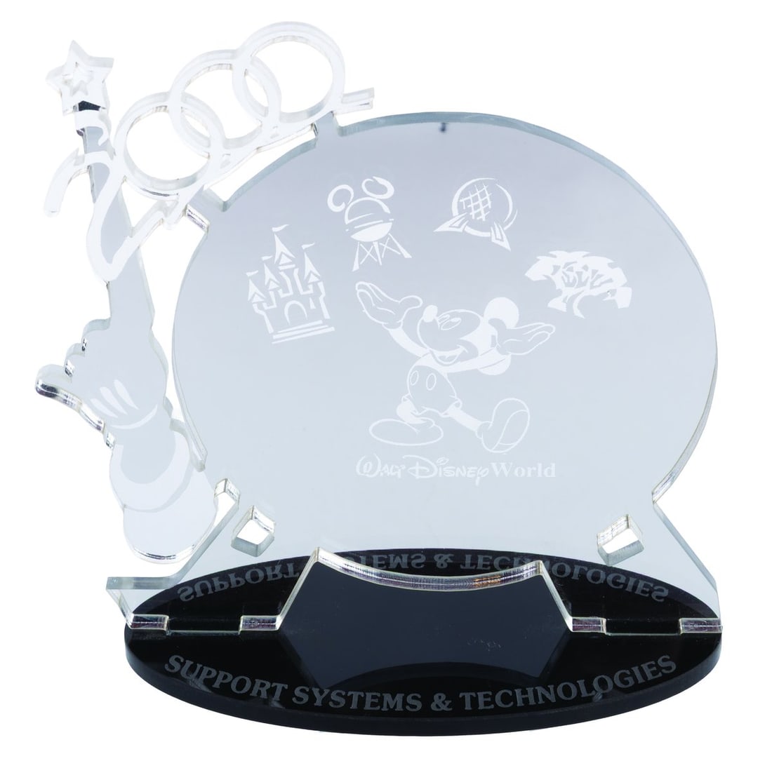 A Walt Disney World 2000 Support Systems & Technologies Award.: (Walt Disney World, 2000) A mirrored Millennium Celebration award resembling Spaceship Earth, given to a Cast Member in the Support Systems & Technologies department. Measuring 6.5" x 2.75" x 7" tall,