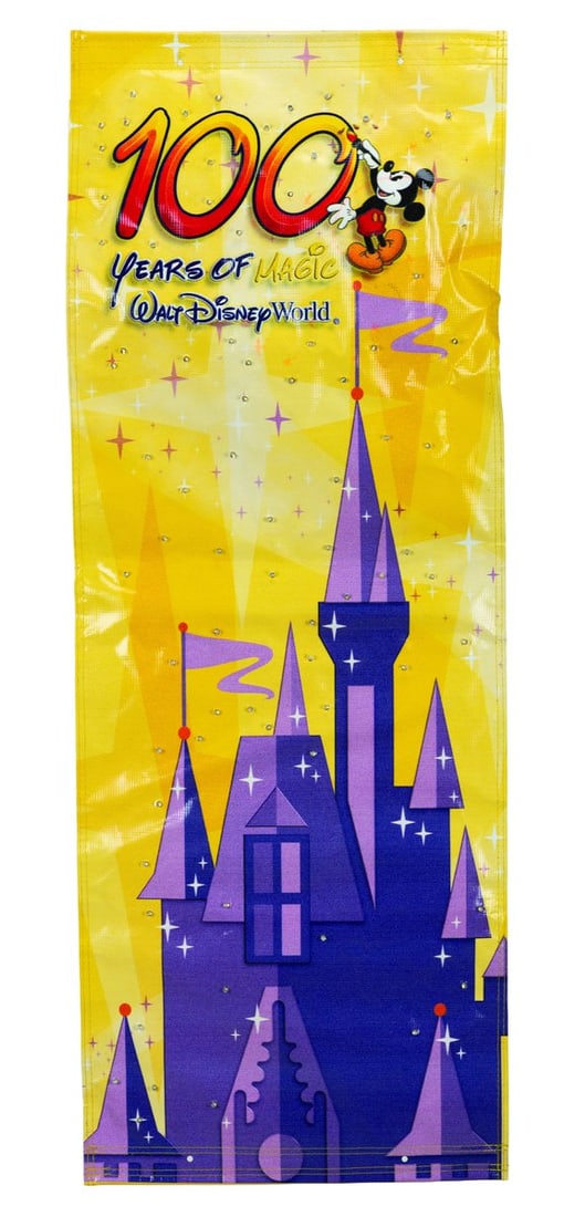 A “100 Years of Magic?? Light-Up Magic Kingdom Banner.: (Walt Disney World, 2001-03) A banner for the “100 Years of Magic” celebration at Walt Disney World in honor of Walt Disney's 100th birthday. The vinyl sign features Cinderella's Castle, Micke