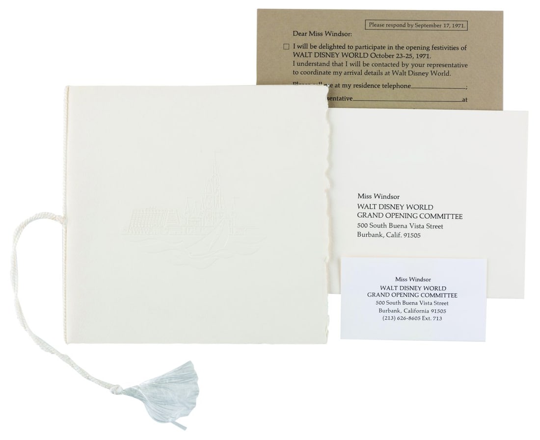 A Walt Disney World Grand Opening Invitation.: (Walt Disney World, 1971) An invitation and RSVP card for the Walt Disney World Grand Opening and Dedication Ceremony held from October 23 to 25th, 1971. The invitation features a beautiful embossed g