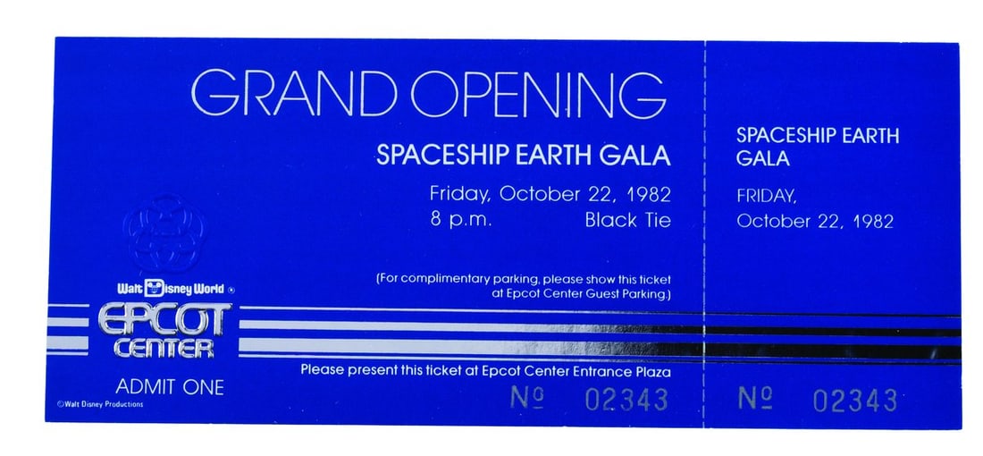 An EPCOT Spaceship Earth Gala Grand Opening Ticket.: (EPCOT, 1982) A ticket for the October 22, 1982, Spaceship Earth Gala, held as part of the three-day EPCOT Grand Opening Celebration. The black-tie event for VIPs and guests of Walt Disney Productions