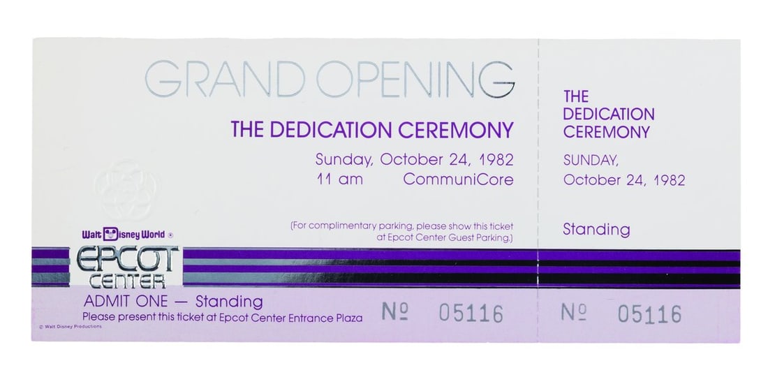 An EPCOT Dedication Ceremony Ticket.: (EPCOT, 1982) A ticket for the October 24th, 1982, dedication ceremony of EPCOT, a culmination of three weeks of Grand Opening celebrations for the newly opened Park. The ceremony featured a televised