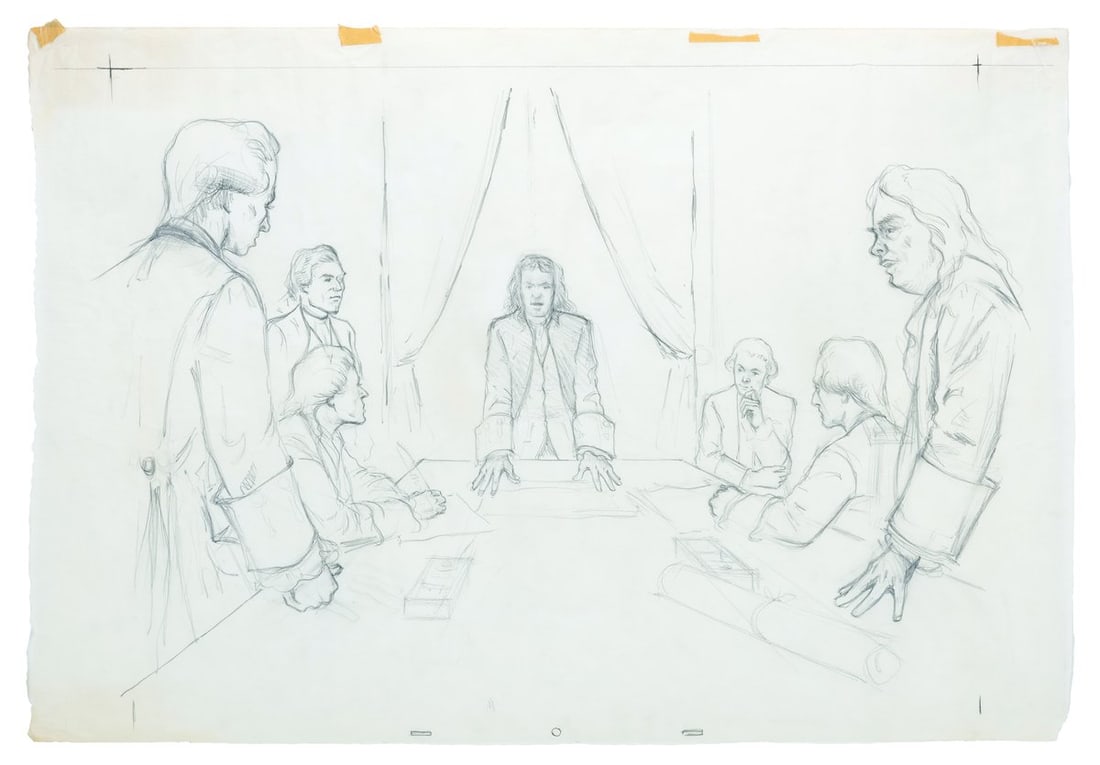 A Clem Hall American Adventure Concept Drawing.: (EPCOT, 1980s) A concept drawing by Disney Legend Clem Hall for the American Adventure attraction at EPCOT Center. The graphite drawing on light tracing paper depicts the signing of the Declaration of