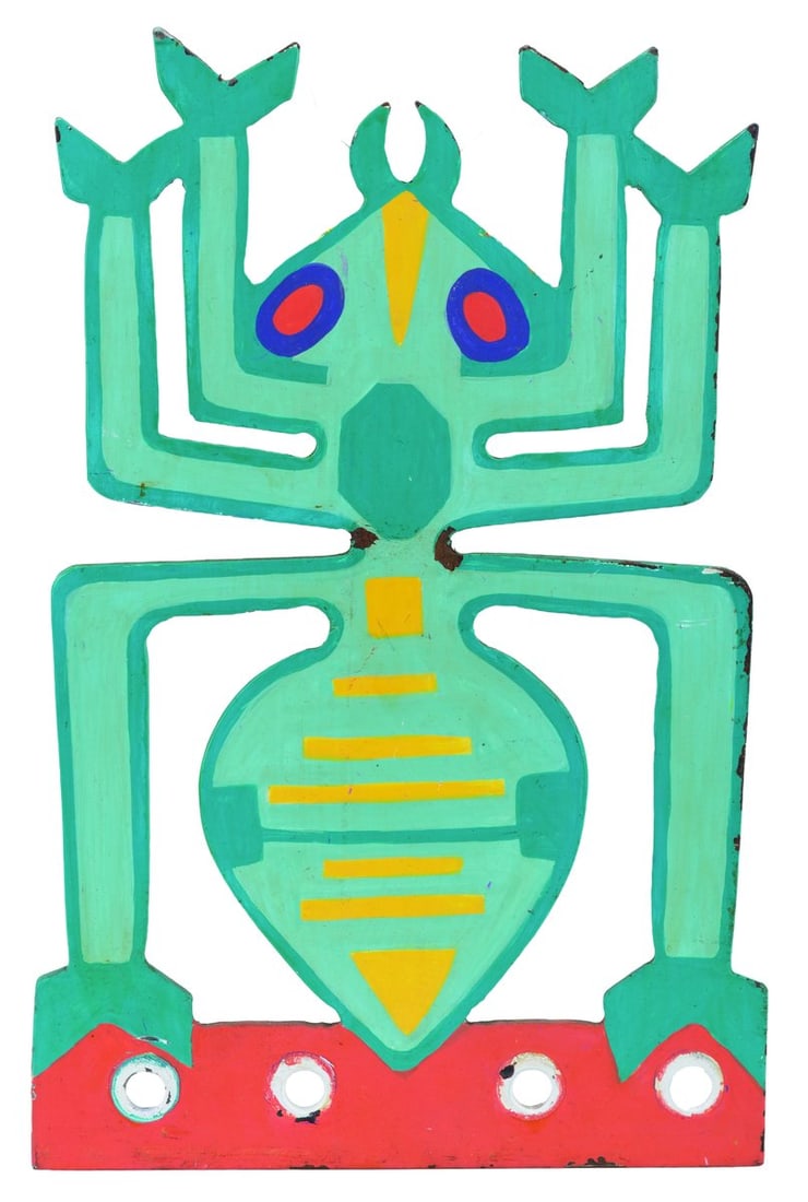 An Animal Kingdom Insect Store Decoration.: (Disney's Animal Kingdom, 1998-2000s) A heavy metal hand-painted insect, used as decor in a Disney's Animal Kingdom gift shop. Measuring 9.25" x 0.25" x 14.25", the decoration is in good condition