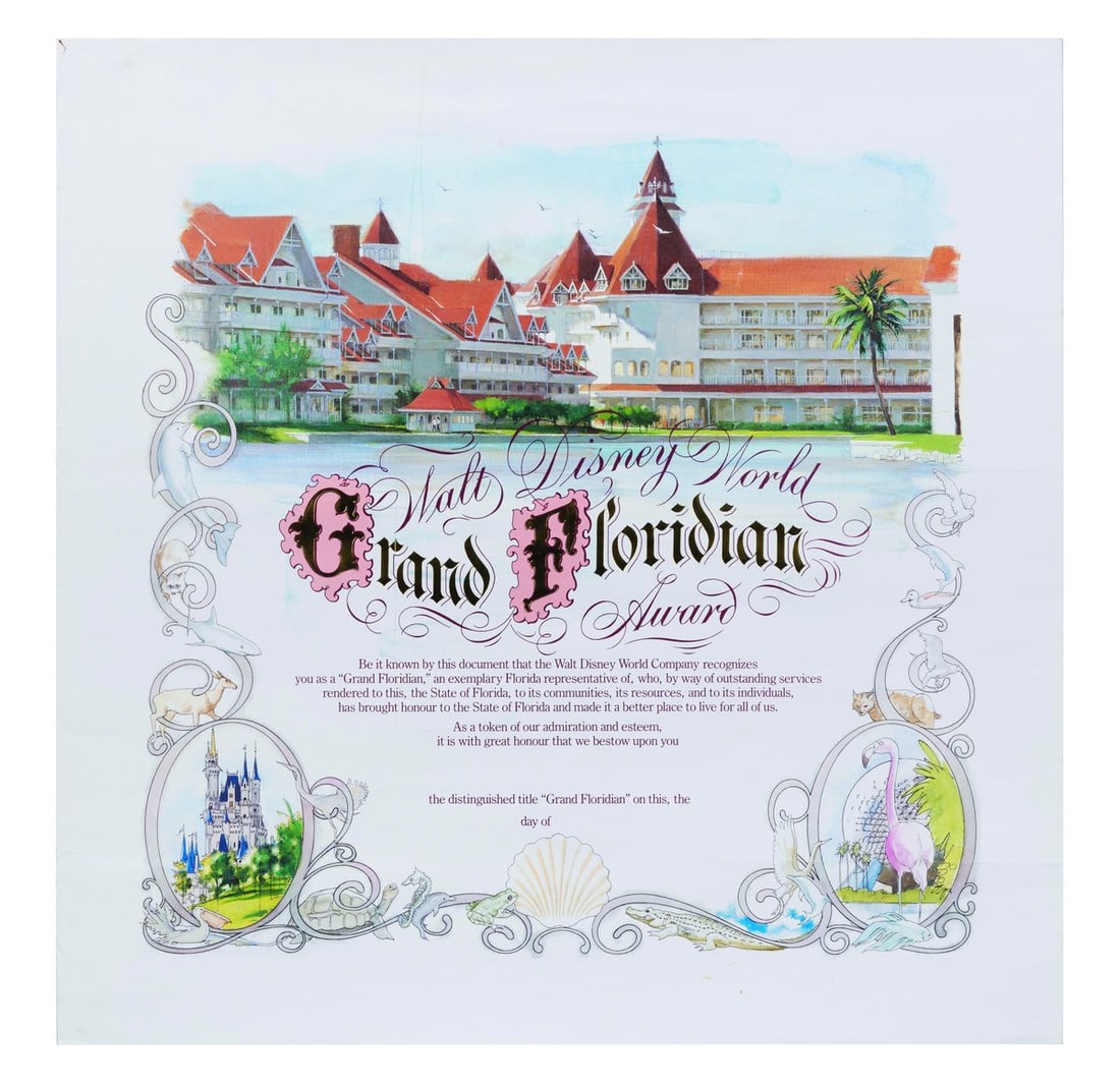A Walt Disney World Grand Floridian Award: (Walt Disney World, 1988) A Walt Disney World Grand Floridian Award certificate, naming the recipient as a "Grand Floridian" in recognition of outstanding services rendered to Florida, its