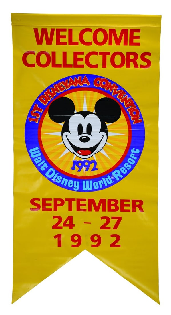 A 1st Disneyana Convention Welcome Banner.: (Walt Disney World, 1992) A large double-sided welcome banner from the 1st Disneyana convention, held September 24-27, 1992, at Walt Disney World. Measuring 36" x 71", the banner is in good condition