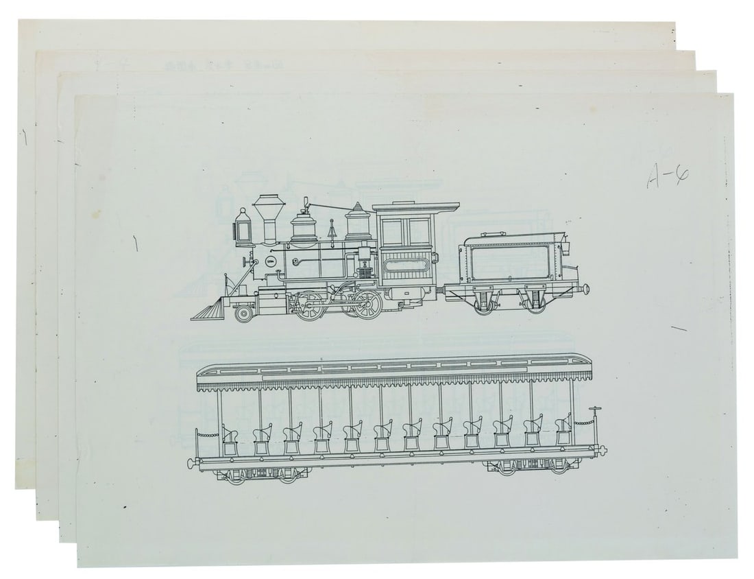 A Set of Tokyo Disneyland Steam Engine Elevations.: (Tokyo Disneyland, 1980s) Four production used prints of a line drawing for the Western River Railroad at Tokyo Disneyland. The identical prints show the Rio Grande engine and one train car. Measuring