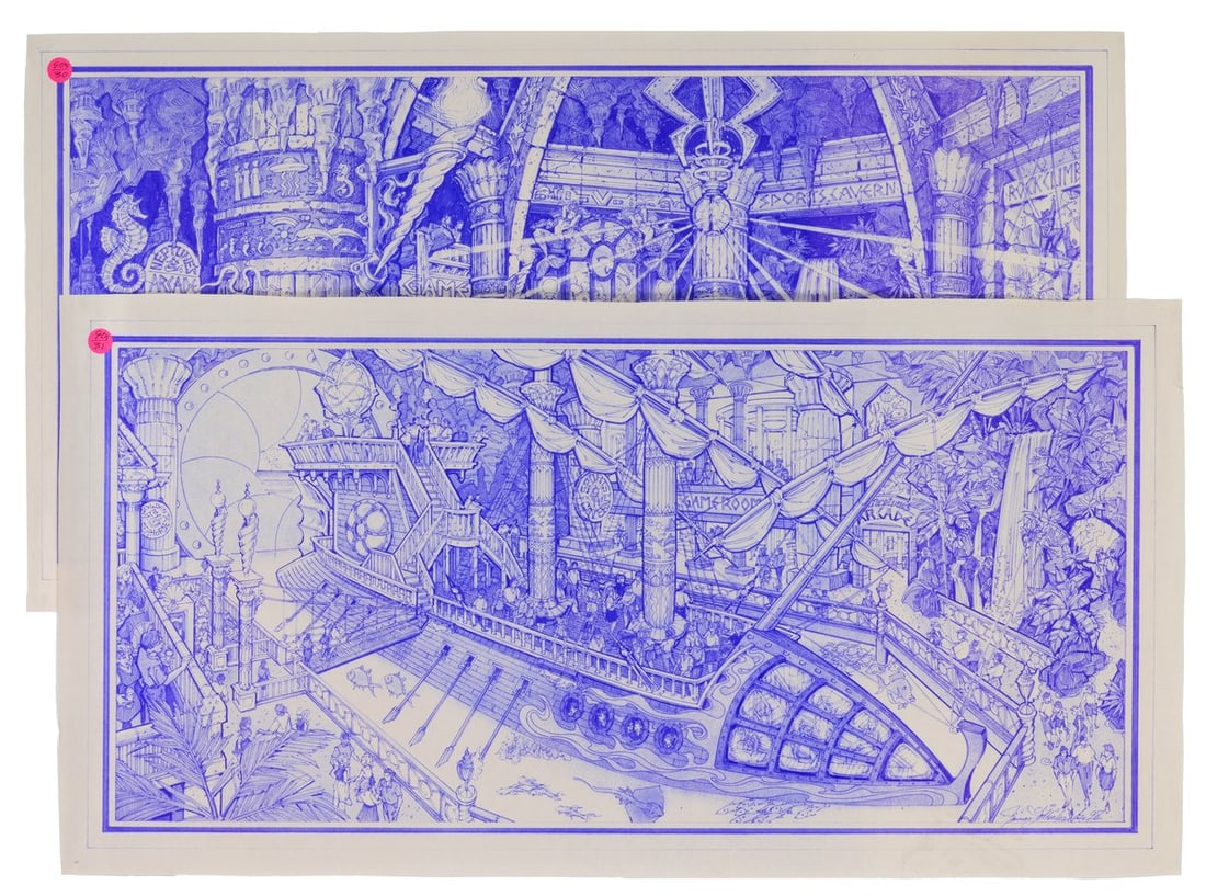 A Pair of Neptune's Arcade Concept Prints.: (Michaelson, 1998) Two large blueprint concept drawings for a “Neptune’s Arcade” indoor attraction area, by James Michaelson. The art shows a ship-themed restaurant at the center, with the a
