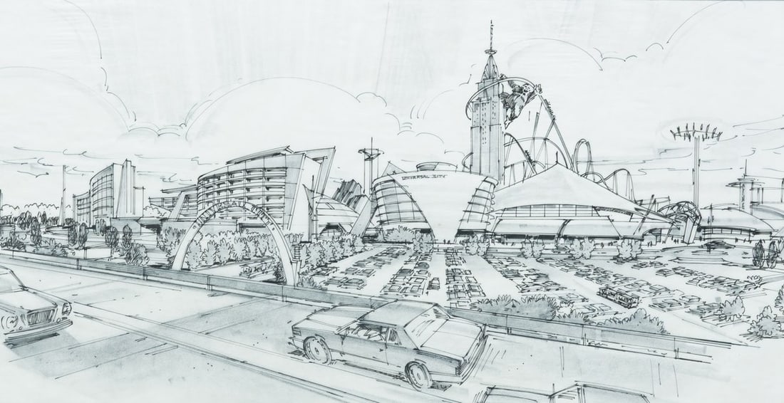 Universal Hollywoodland Germany Concept Art.: (Landmark Entertainment, 1990s) An original concept drawing for the never-realized Universal Hollywoodland theme park in Germany. Titled "Universal City" at this point in development, the art depicts
