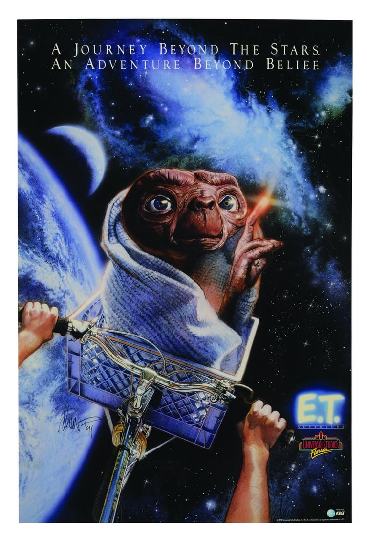 A Drew Struzan Signed E.T. Adventure Promotional Poster.: (Universal Studios Florida, 1990) A rare promotional poster for E.T. Adventure signed by acclaimed poster artist Drew Struzan. Created with close input from director Steven Spielberg, E.T. Adventure i