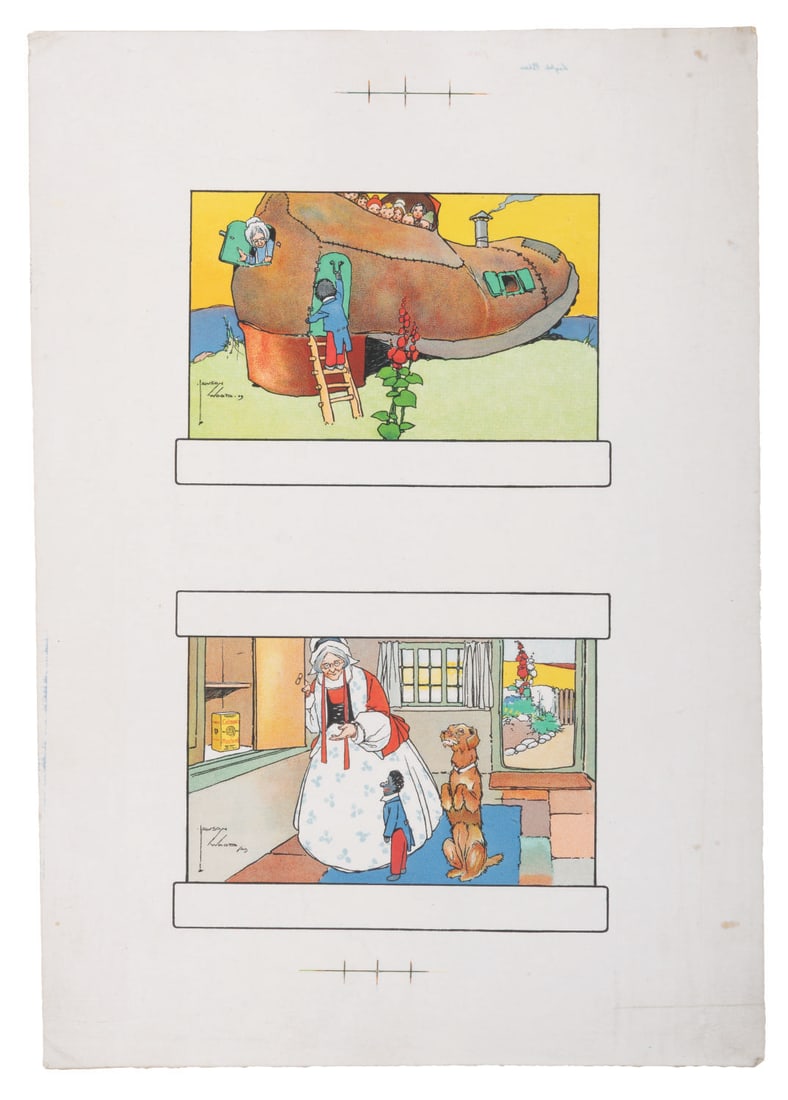 A Pair of Nursery Rhyme Illustration Prints by Lawson Wood.: (Wood, 1909) A page with two illustrations of nursery rhymes by the renowned English illustrator Lawson Wood. The page shows The Old Woman Who Lived in a Shoe and Old Mother Hubbard. With image sizes 