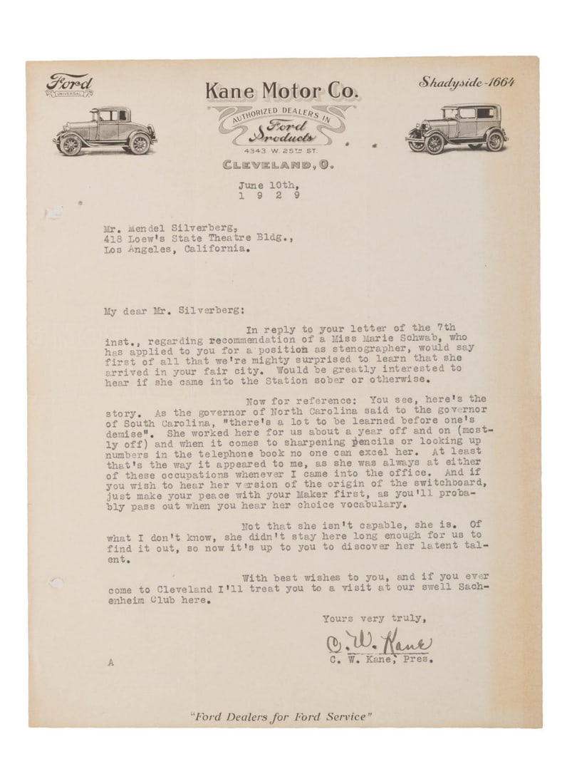 A Scathing Letter of Recommendation to Mendel Silverberg.: (C.W. Kane, 1929) A scathing letter of recommendation for one Marie Schwab from C.W. Kane of Kane Motor Co., Cleveland, Ohio, to Mr Mendel Silverberg of Los Angeles. Mr. Silverberg was known as a long