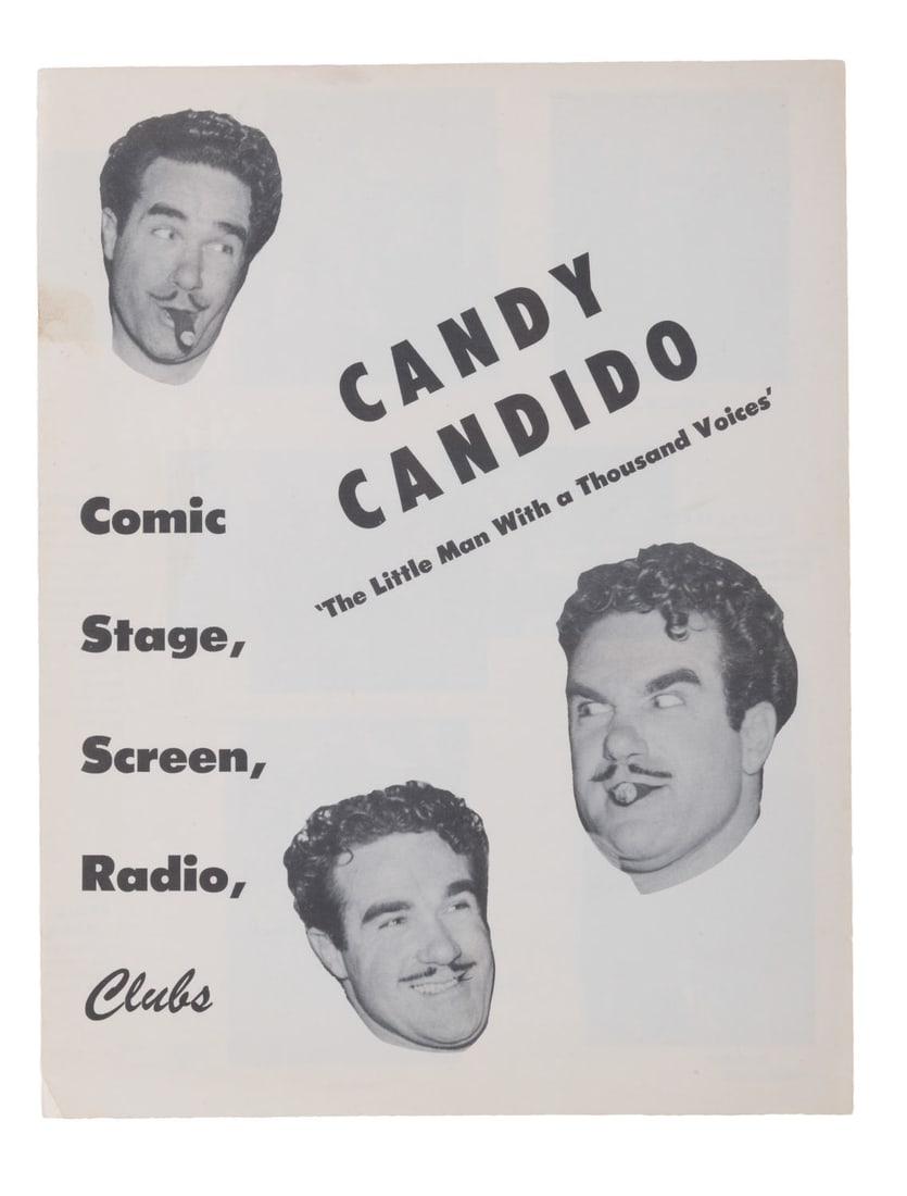A Voice Artist Candy Candido Brochure.: (Candido, 1940s) A brochure for Candy Candido, "The Little Man With A Thousand Voices." This bi-fold outlines Candido's professional credits in show biz up to the late 1940s, shortly before he