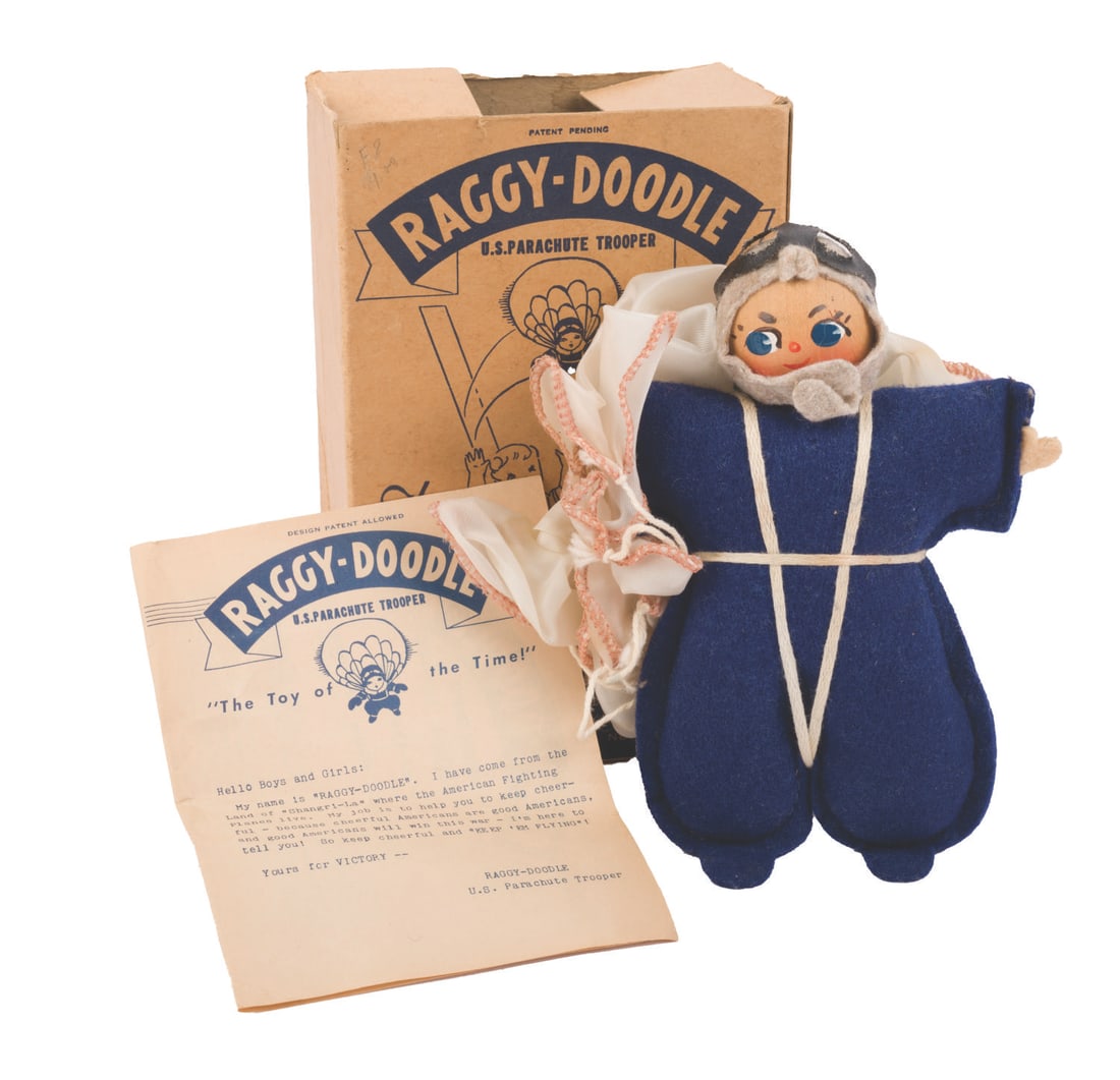 A WWII Raggy Doodle Parachute Trooper Toy.: (Prager & Rueben, 1943-1945) A Raggy Doodle Paratrooper toy designed by aviatrix Elvy Kalep. Pat the Paratrooper was designed to "present modern military aviation and its wartime aspects ... to