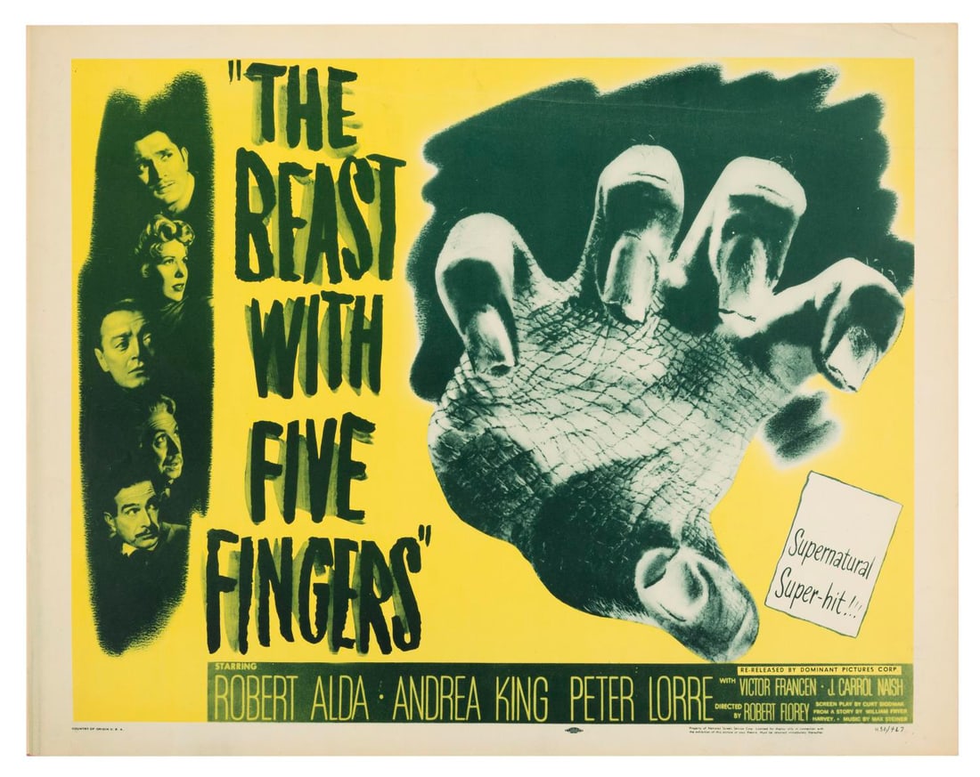 A “The Beast With Five Fingers?? Half-Sheet.: (Warner Bros., 1946) A half-sheet for “The Beast With Five Fingers” starring Robert Alda, Andrea King, and Peter Lorre. Measuring 22" x 28", the poster is in good condition with creasing,