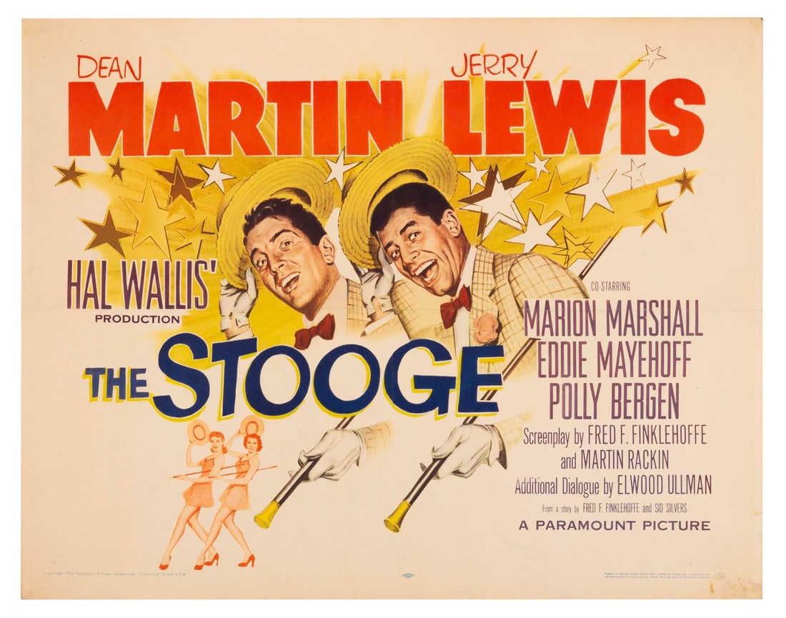 A "The Stooge" Half-Sheet.: (Paramount, 1951) A half-sheet for Hal Wallis’ "The Stooge," starring Dean Martin and Jerry Lewis. Measuring 22" x 28", the poster is in good condition with original folds, pinholes, discoloration, 