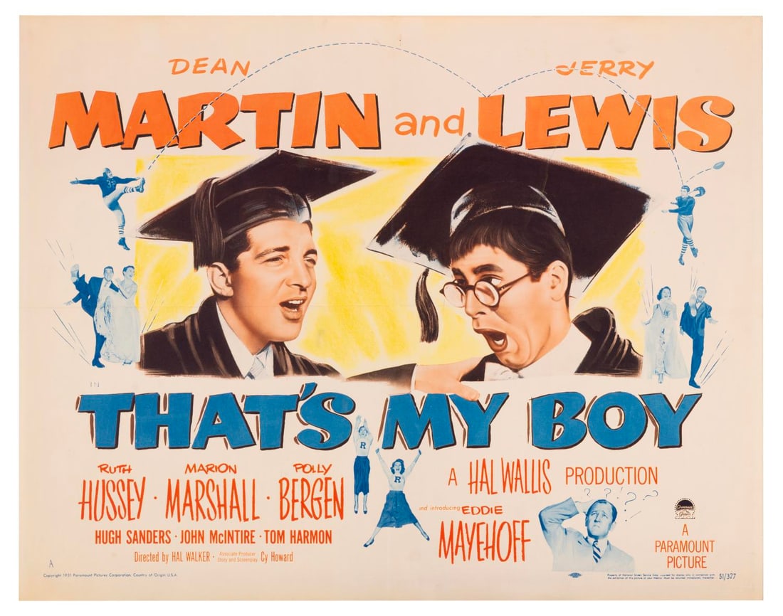 A "That's My Boy" Half-Sheet.: (Paramount, 1951) A half-sheet for Hal Wallis’ “That’s My Boy” starring Dean Martin and Jerry Lewis. Measuring 22" x 28", the poster is in very good condition with original folds, light di