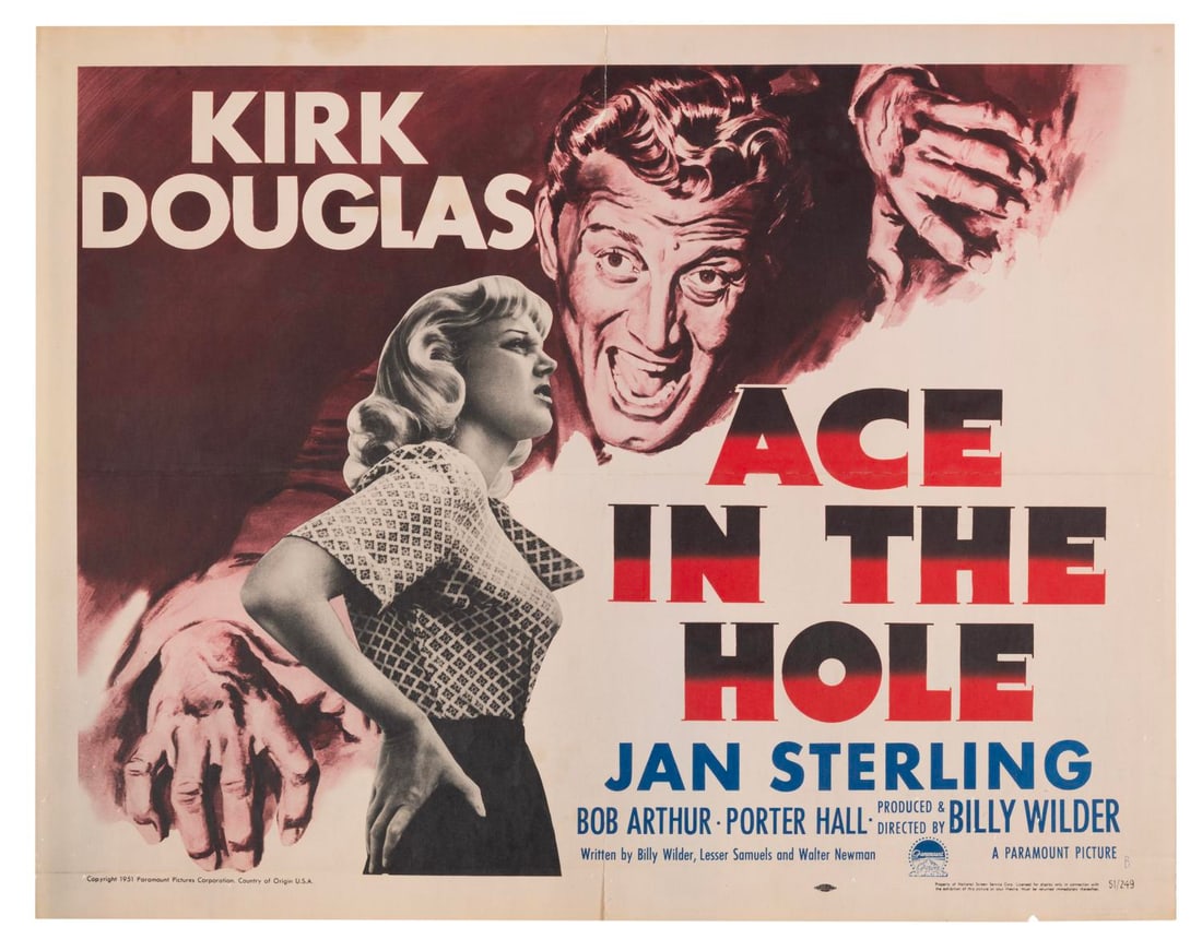 An "Ace In The Hole" Half-Sheet.: (Paramount, 1951) A half-sheet for Billy Wilder’s “Ace in the Hole” starring Kirk Douglas and Jan Sterling. Measuring 22" x 28", the poster is in good condition with original folds, light