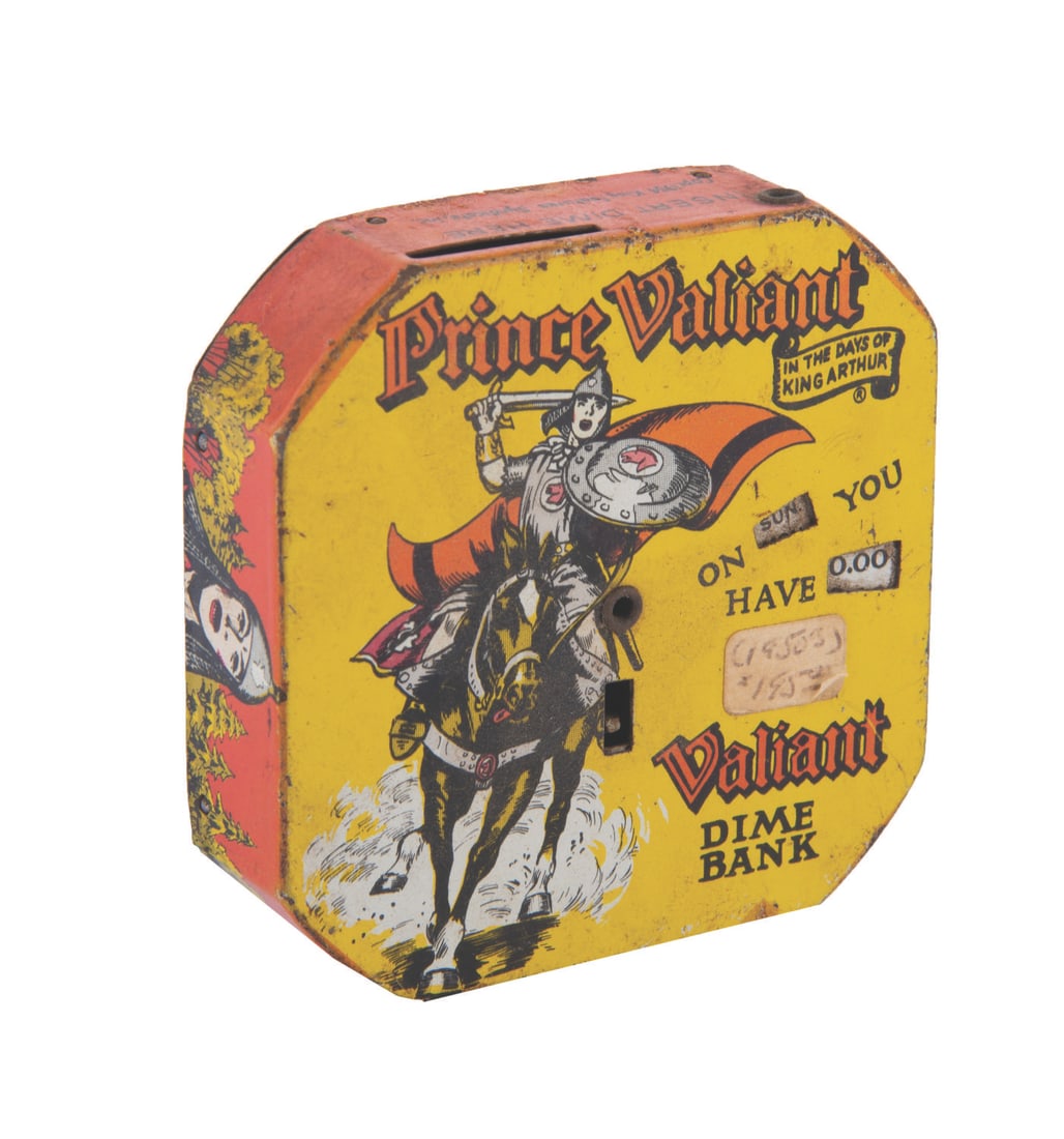 A Prince Valiant Tin Litho Dime Bank.: (King Features, 1954) A Prince Valiant Daily Dime Bank. The bank was designed to add a dime every day, and not open until five dollars was saved. Measuring 2.5"x2.5", the bank is in good condition wit