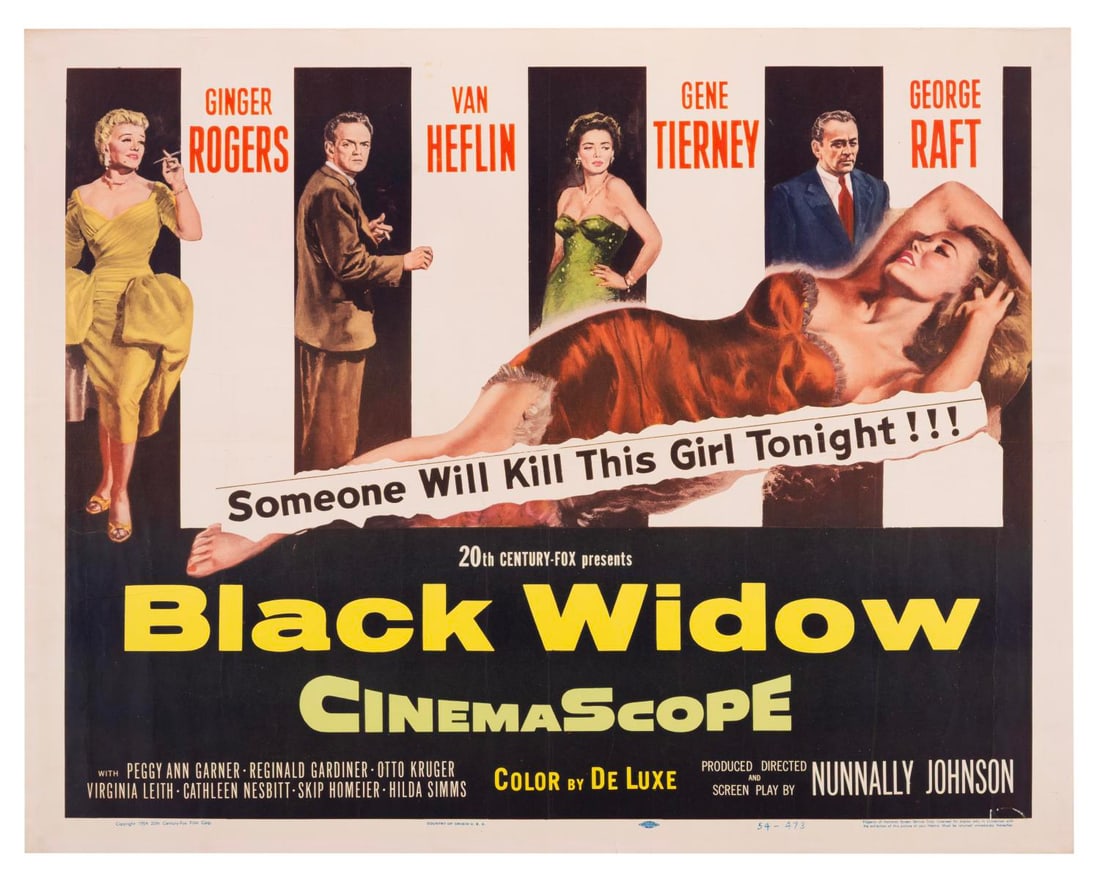 A "Black Widow" Half-Sheet.: (20th Century Fox, 1954) A half-sheet for "Black Widow" starring Ginger Rogers, Van Heflin, Gene Tierney, and George Raft. Measuring 22" x 28", the poster is in good condition with creases