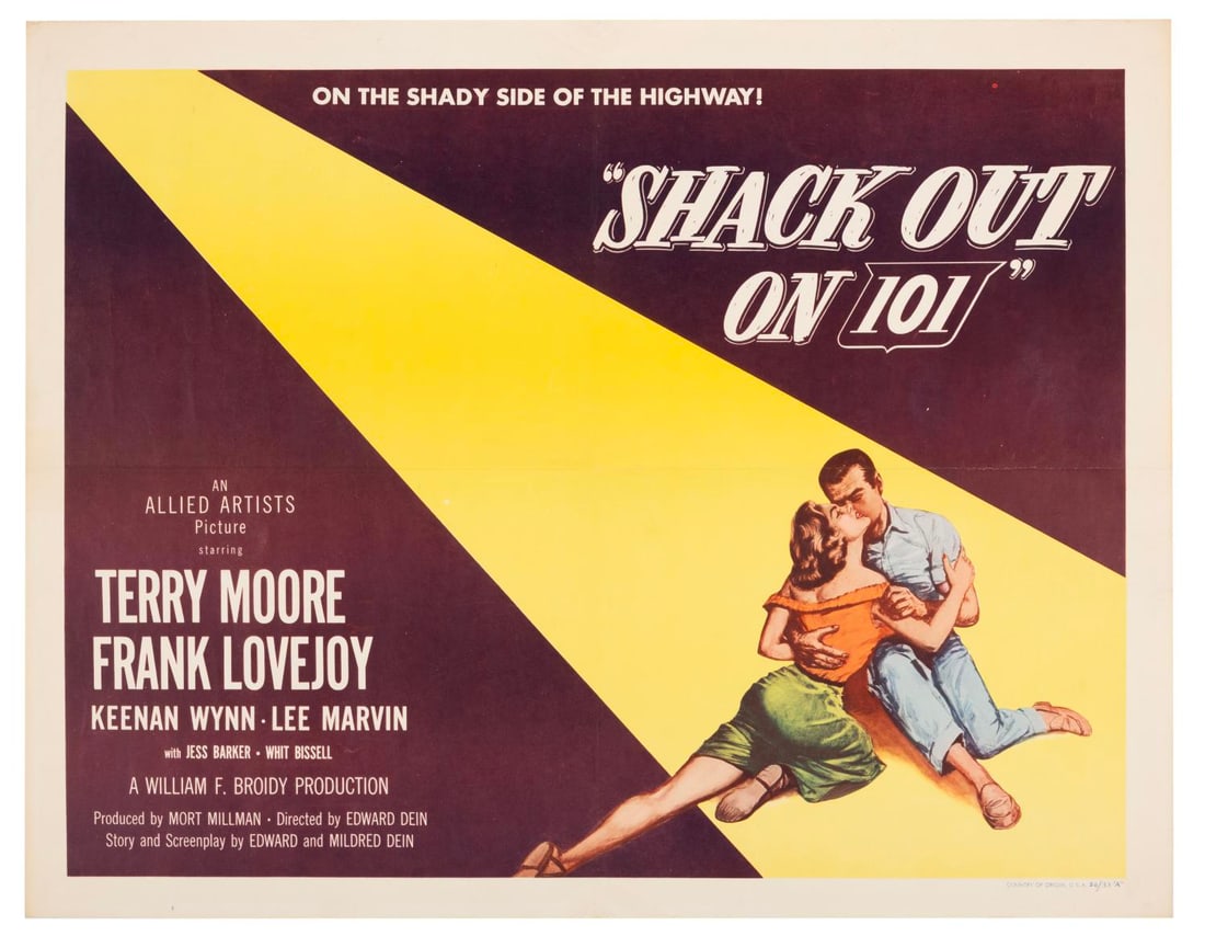 A "Shack Out on 101" Half-Sheet.: (Allied Artists, 1955) A half-sheet for “Shack Out on 101” starring Terry Moore and Franke Lovejoy. Measuring 22" x 28", the poster is in good condition with light discoloration, edge wear,