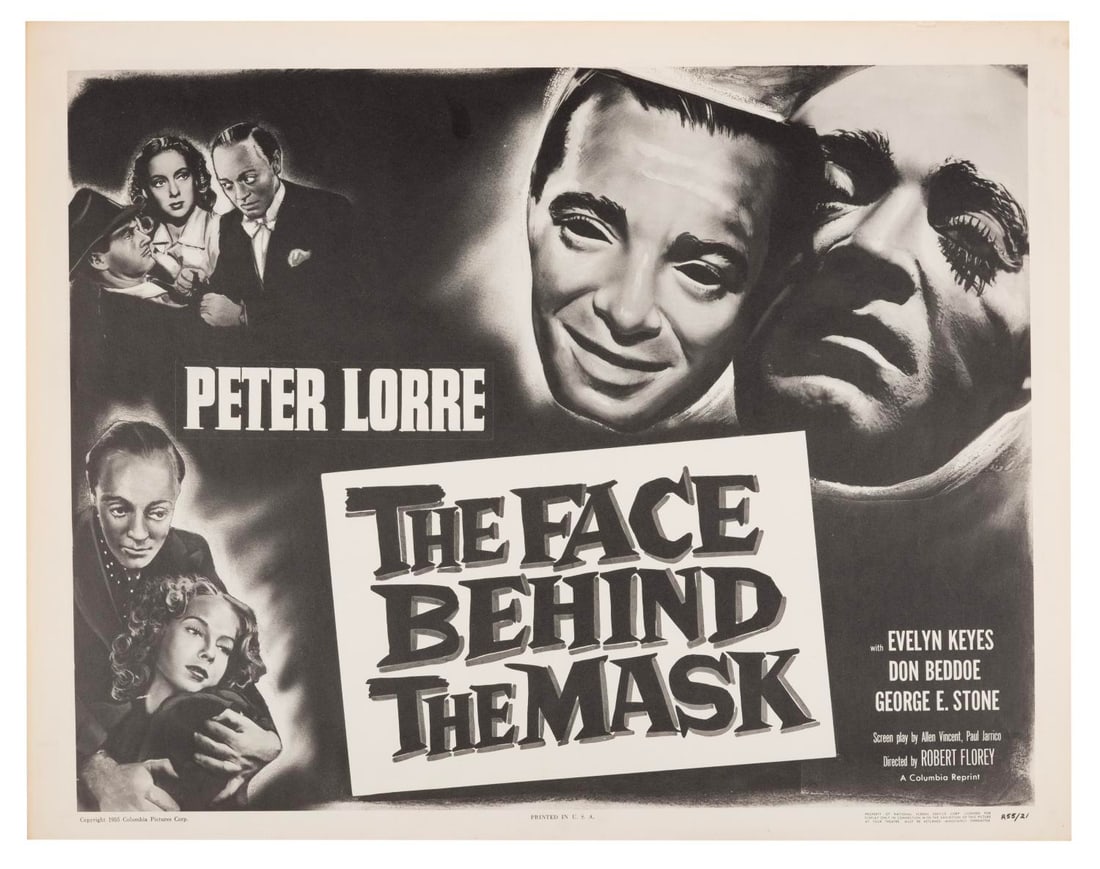 A "The Face Behind the Mask" Half-Sheet.: (Columbia, 1955) A half-sheet for “The Face Behind the Mask” starring Peter Lorre, Evelyn Keyes, Don Beddoe, and George E. Stone. Measuring 22" x 28", the poster is in good condition with