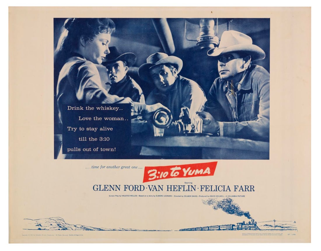 A "3:10 To Yuma" Half-Sheet.: (Columbia, 1957) A half-sheet for “3:10 To Yuma,” starring Glenn Ford, Van Heflin, and Felicia Farr. Measuring 22" x 28", the poster is in good condition with folds, adhesive residue to the
